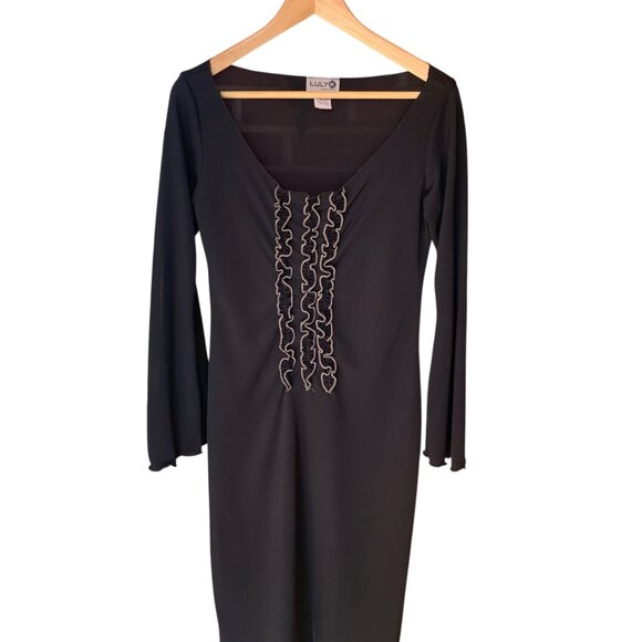 Vintage Luly K Sheer Black Midi Dress With Ruffle Front Bell Sleeves Sz L Witchy - Picture 4 of 16
